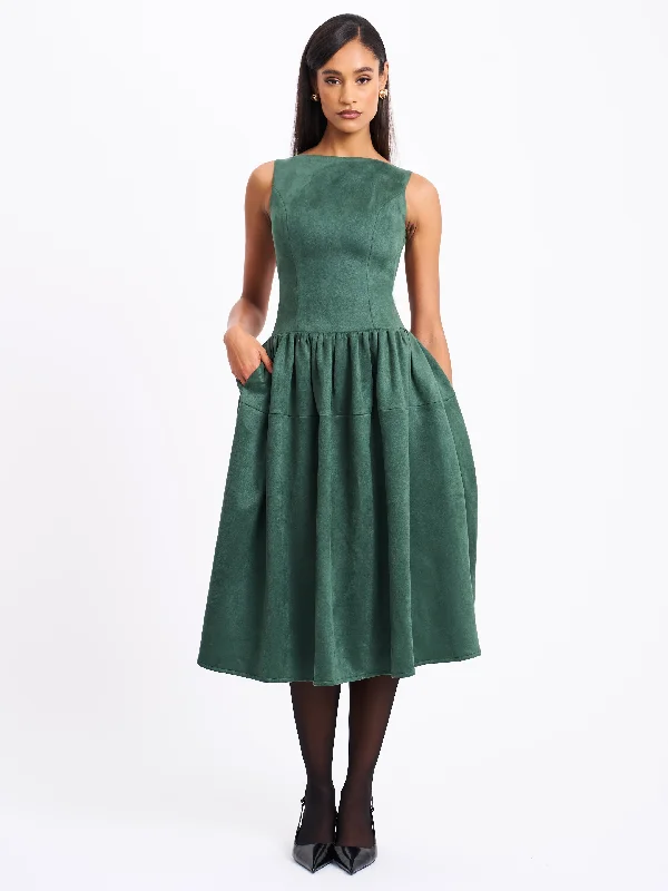 Leather Midi Dresses-Laila Green Suede Boat Neck Backless Midi Dress