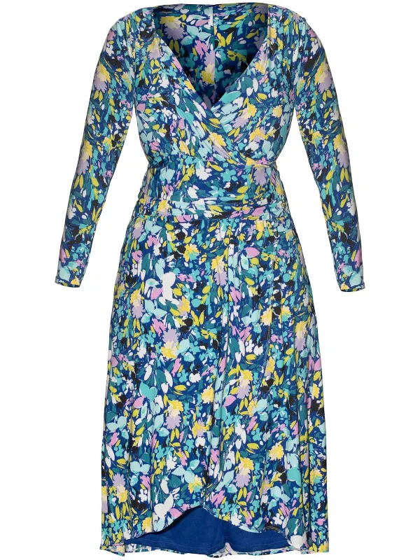 Cotton Winter Midi Dresses-Plus Womens Floral Print Faux Wrap Midi Dress