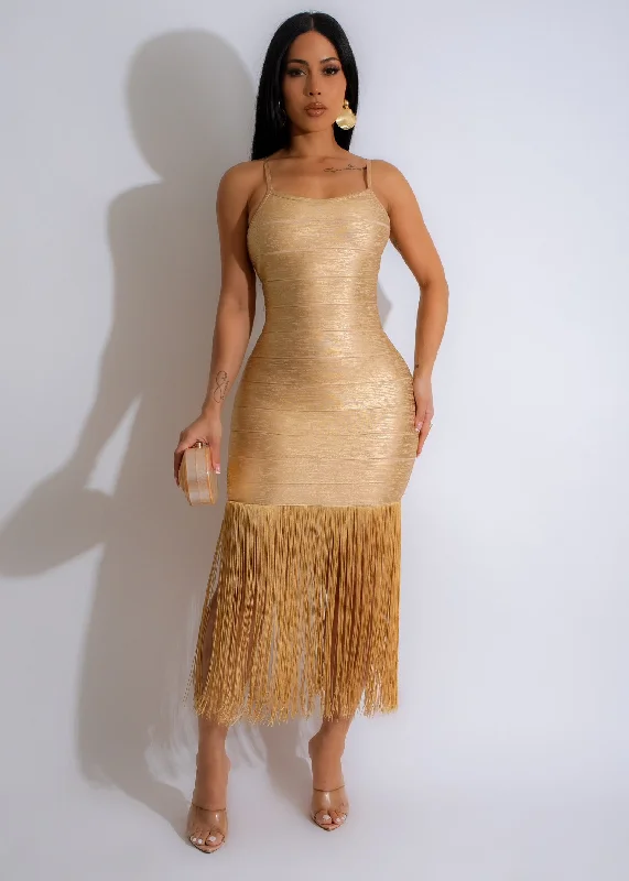 Floral Boho Midi Dresses-Elegance Metallic Bandage Fringe Midi Dress Gold