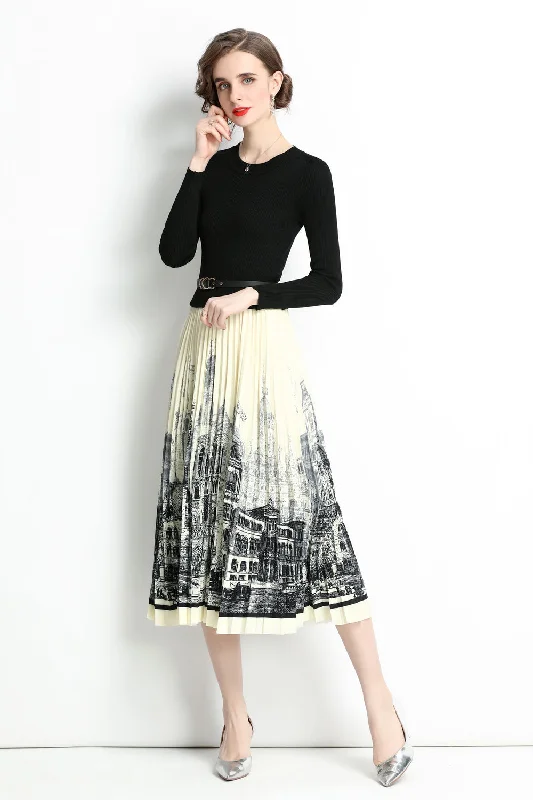 Yellow Boho Midi Dresses-Black & White Office A-line Crewneck Long Sleeve Printed Skirt Midi Dress