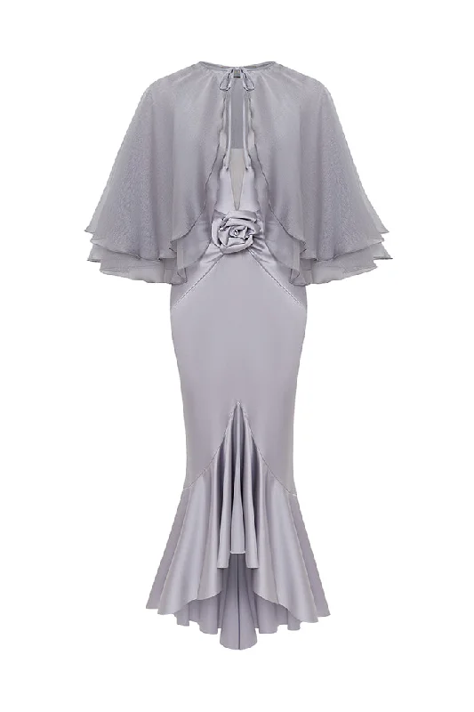 White Club Midi Dresses-Satin midi dress with a flower and cropped cape