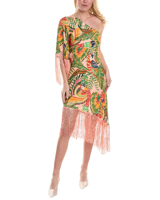 Trendy Work Midi Dresses-FARM Rio Macaw Leaves One-Shoulder Midi Dress