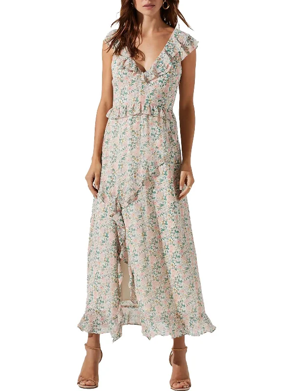 Summer Blue Midi Dresses-Womens Floral Calf Midi Dress