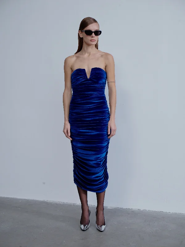 Designer Midi Dresses-Luce Velvet Midi Dress in Bleu