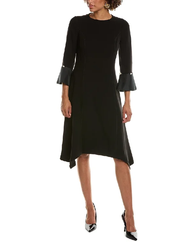 Formal Black Midi Dresses-Teri Jon by Rickie Freeman Crepe Pearl-Trim Midi Dress