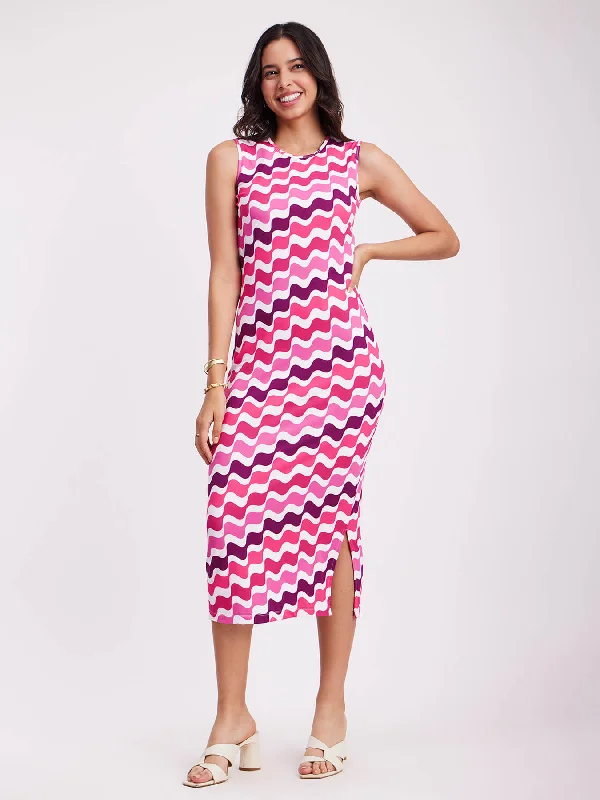 Striped Club Midi Dresses-Wave Print Midi Dress - Multicolour