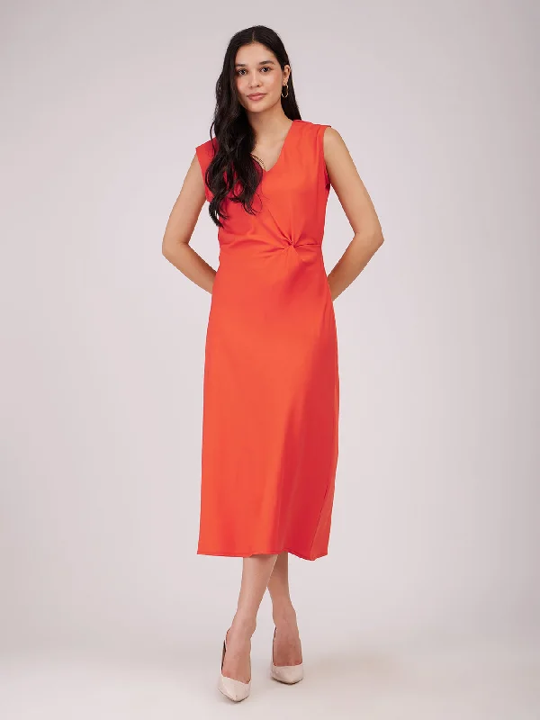 Designer Winter Midi Dresses-Side Knot Midi Dress - Orange