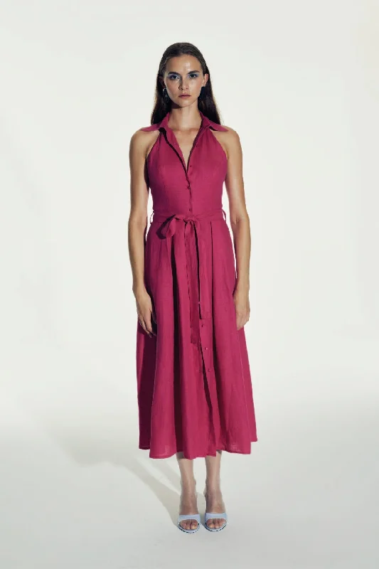 Beaded Beach Midi Dresses-Carrie Linen Midi Dress in Berry Pink