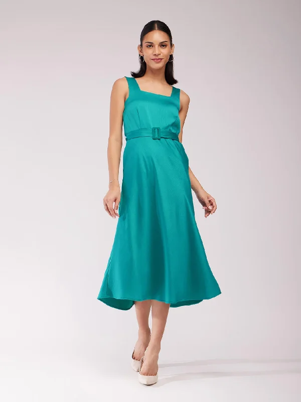 V Neck Yellow Midi Dresses-Satin Midi Dress - Teal