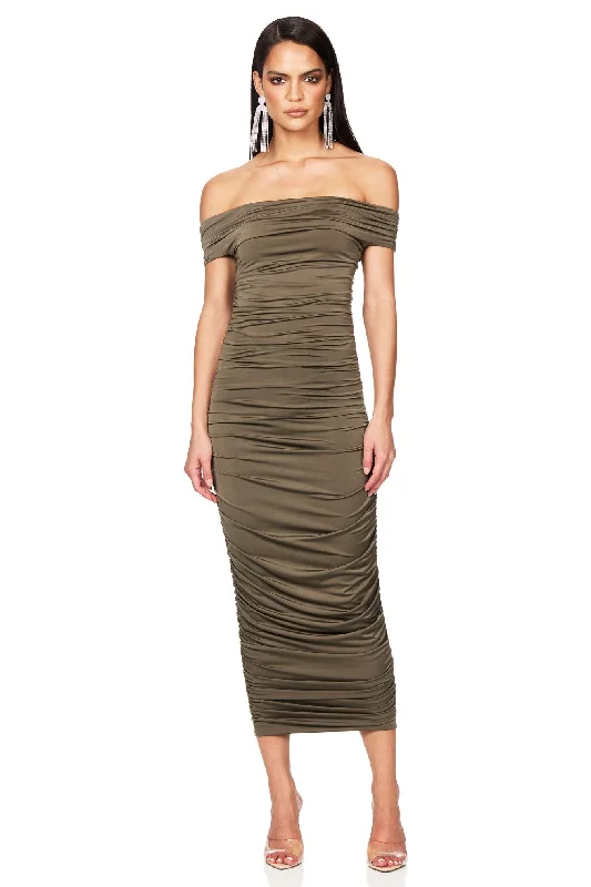 Ruffle Beach Midi Dresses-Nookie Element Midi Dress - Khaki