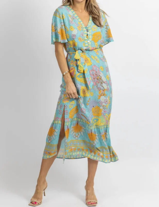 Long Sleeve Work Midi Dresses-Butterfly Sleeve Midi Dress In Light Blue Floral