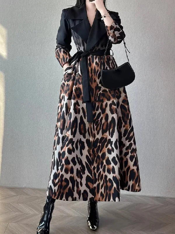 Ruffle Casual Midi Dresses-Hit Color Leopard Printting Streetwear Midi Dress