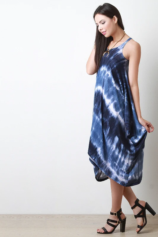 V Neck Beach Midi Dresses-Tie Dye Trapeziod Hem Midi Dress