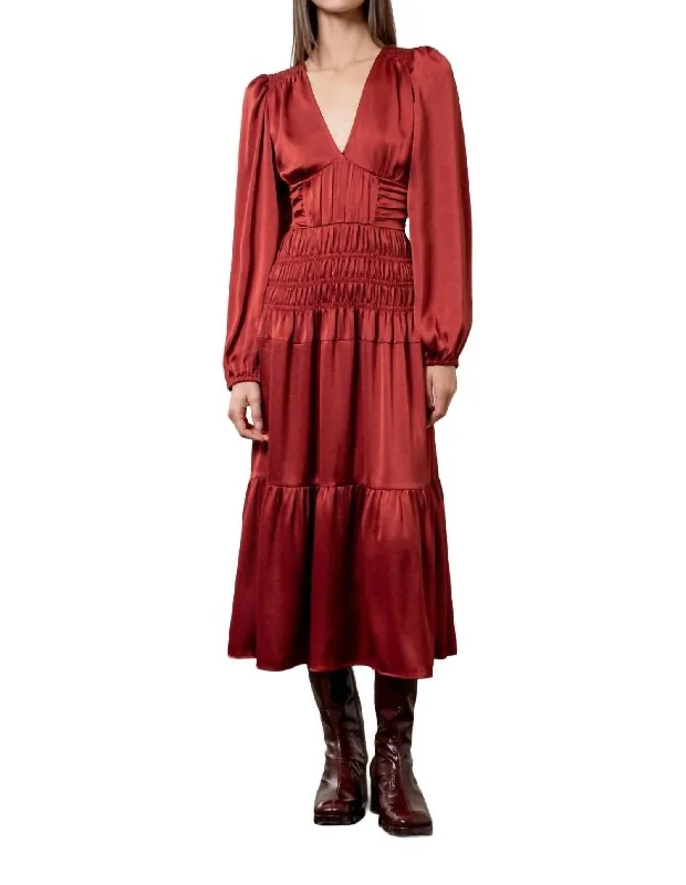 Animal Print Work Midi Dresses-Merlot Satin Smocked Midi Dress In Red