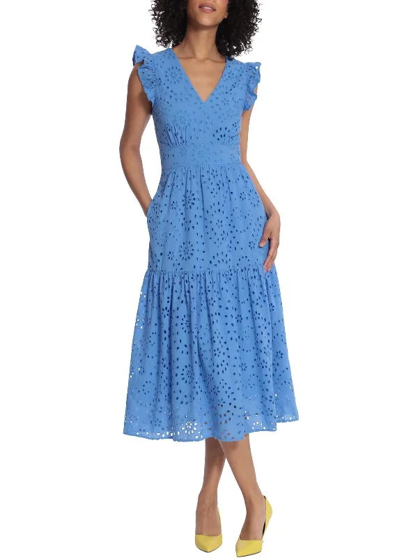 V Neck Summer Midi Dresses-Womens Eyelet V-Neck Midi Dress