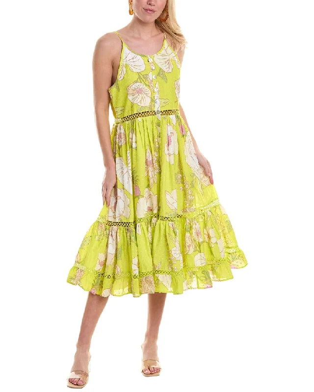 Floral Boho Midi Dresses-FARM Rio Yellow Neon Garden Swiss Dot Midi Dress