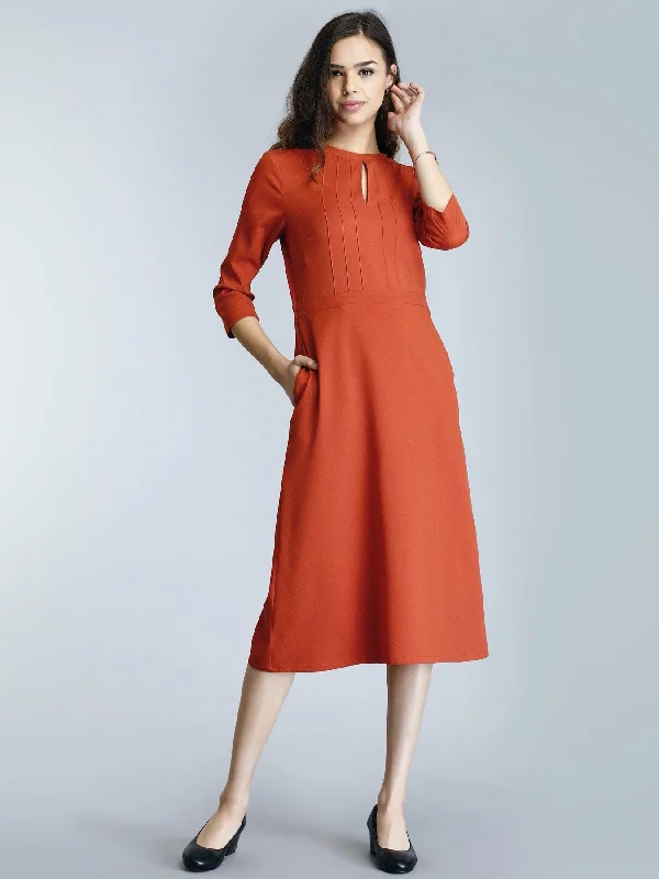 Cotton Midi Dresses-A Line Midi Dress With Pintucks - Rust