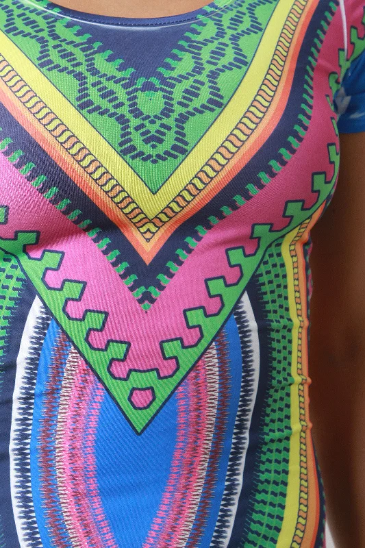 Plus Size Vintage Midi Dresses-Vibrant Tribal Print Short Sleeves Bodycon Midi Dress