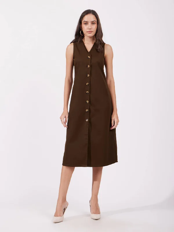 Geometric Midi Dresses-Shift Midi Dress - Brown