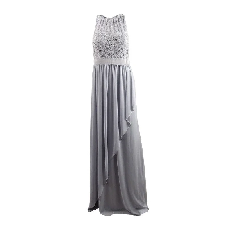 Satin High Neck Evening Dress-Adrianna Papell Women's Lace Illusion Halter Gown