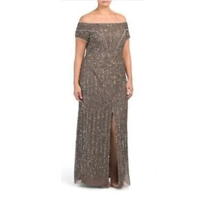 Geometric Cheap Evening Dress-Adrianna Papell Women's Off-The-Shoulder Beaded Gown Brown Size 10