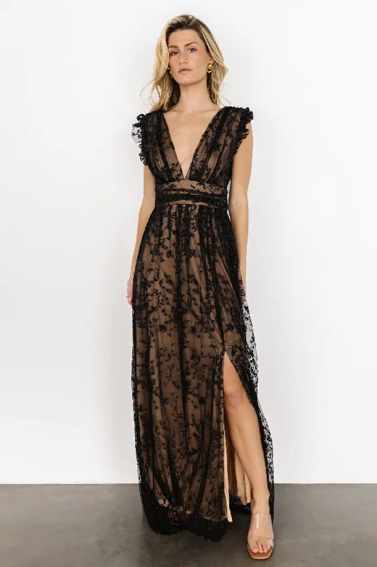 Wedding One Shoulder Evening Dress-Arlene Shimmer Gown | Black + Nude