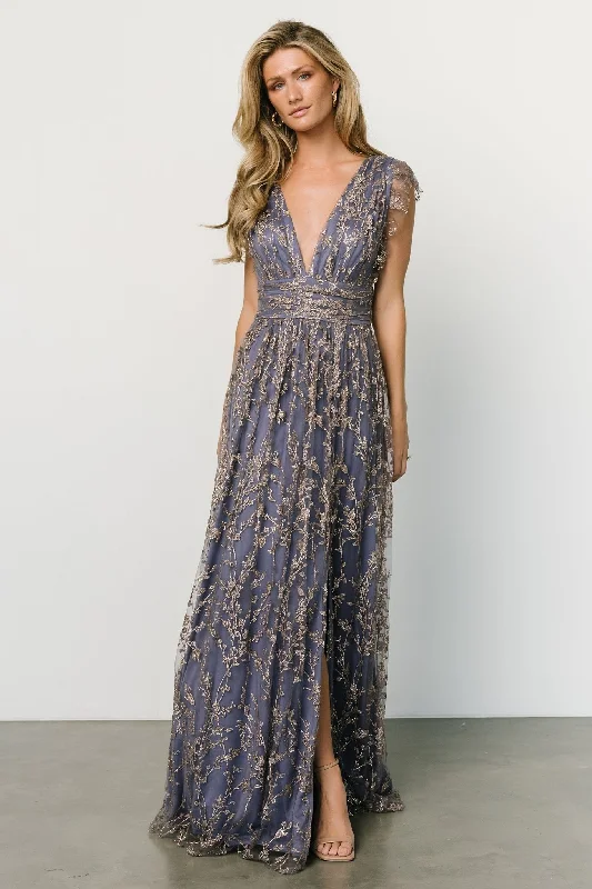 Geometric Long Sleeve Evening Dress-Arlene Shimmer Gown | Blue + Gold