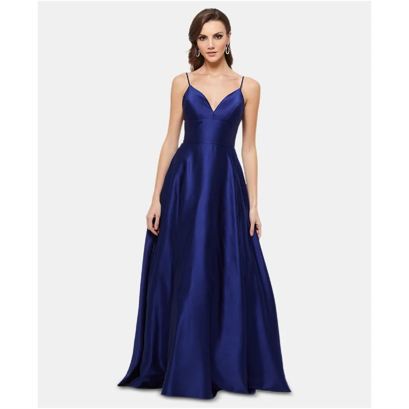 Embroidered Backless Evening Dress-Betsy & Adam Womens Satin Gown Dress, Blue, 0