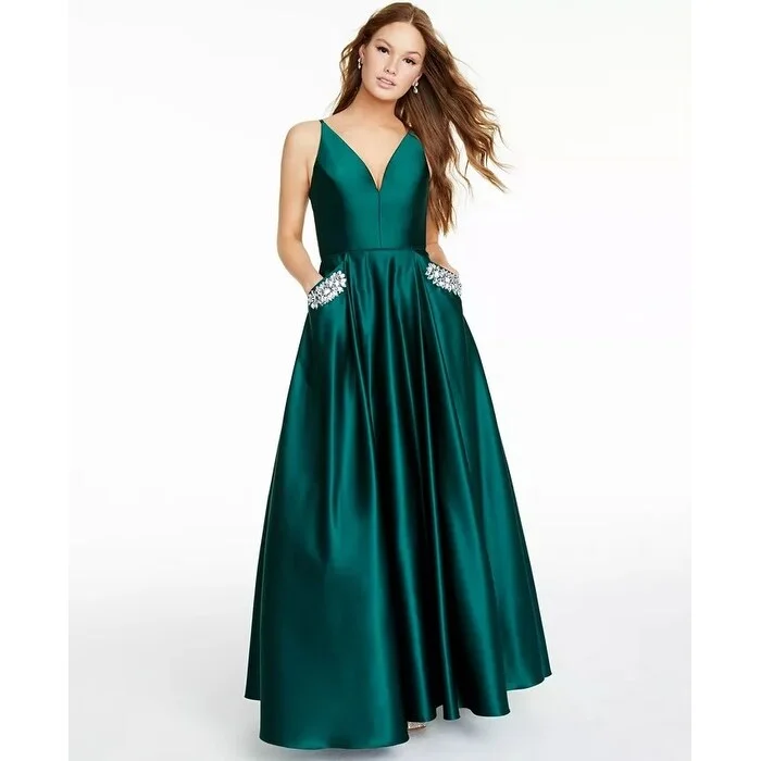 Gold Evening Dress-Blondie Nites Juniors' Embellished-Pocket Gown Dark Green Size 1