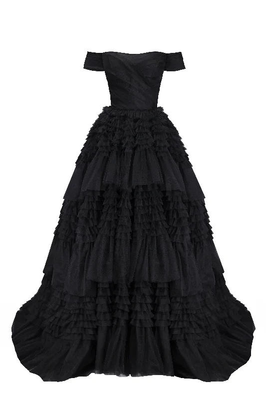 Party Cheap Evening Dress-Black Off-The-Shoulder Frill-Layered Gown