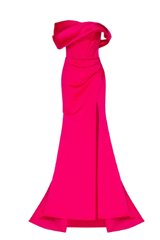 Sequin Ruffle Evening Dress-Fuchsia Princess strapless gown with thigh slit