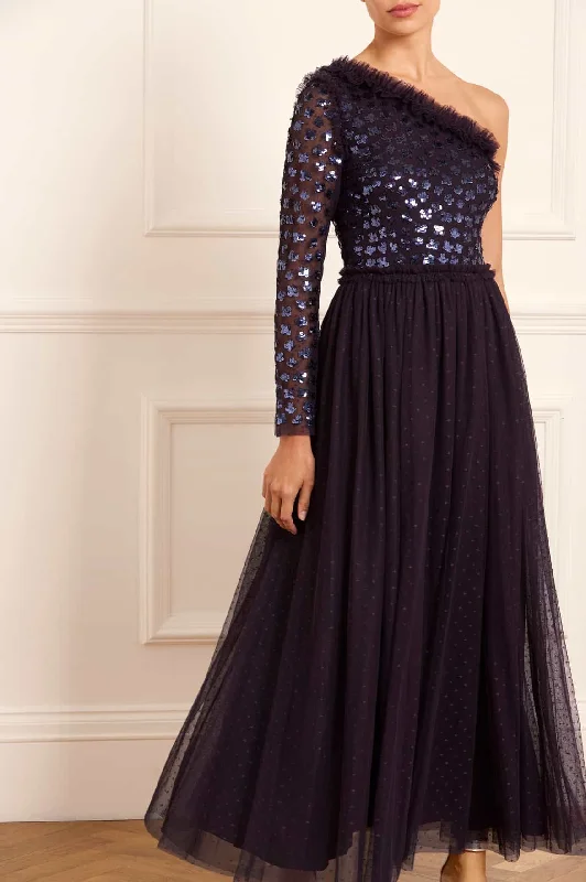 Long Elegant Evening Dress-Glisten Bodice One-Shoulder Ankle Gown