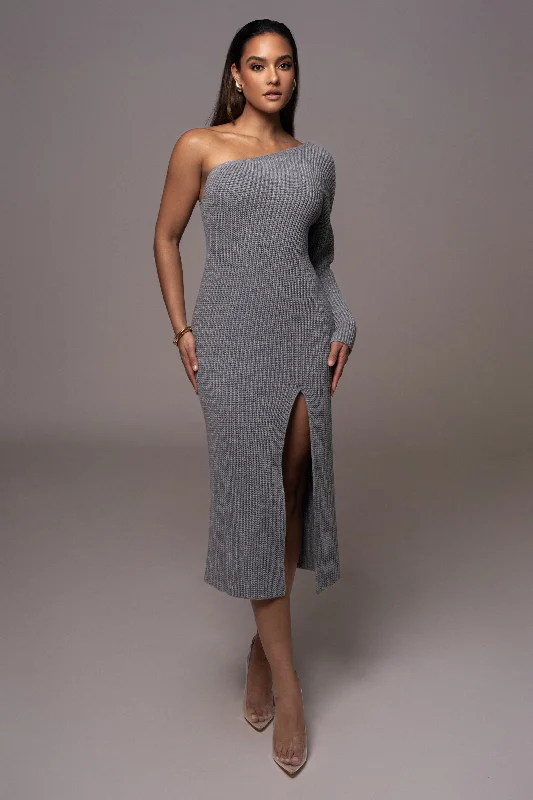 Long Sleeve Casual Maxi Dresses-Grey Long Knit Sweater Dress