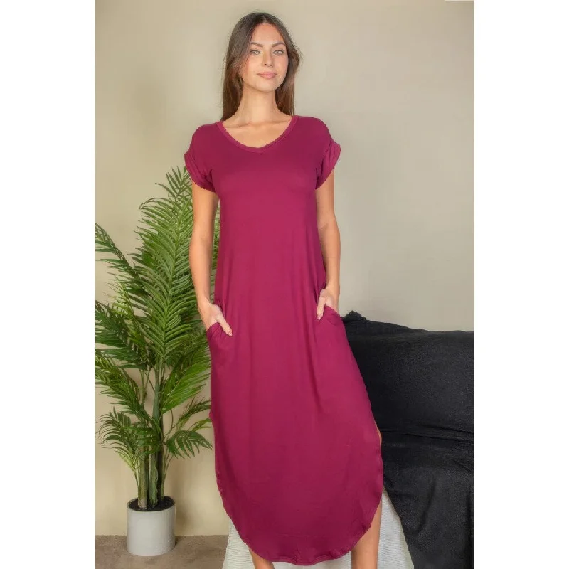 Cotton Vintage Maxi Dresses-Hidden Pocket Batwing Sleeve V Neck Long Dress