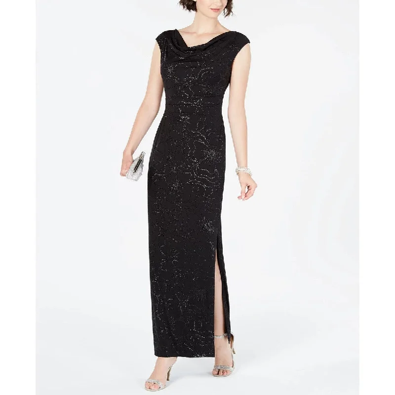 Embroidered Petite Evening Dress-Jessica Howard Women's Petite Metallic Floral Draped Gown Black Size 0