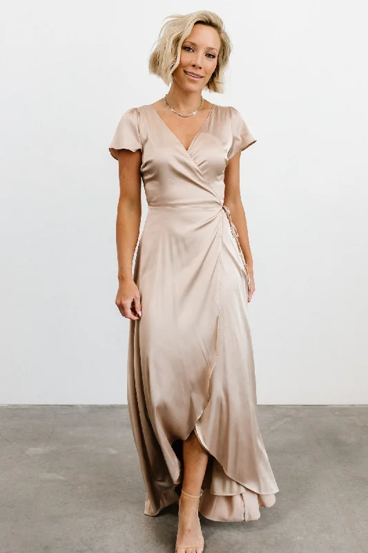 Sleeveless Silk Evening Dress-Krystal Satin Wrap Gown | Champagne