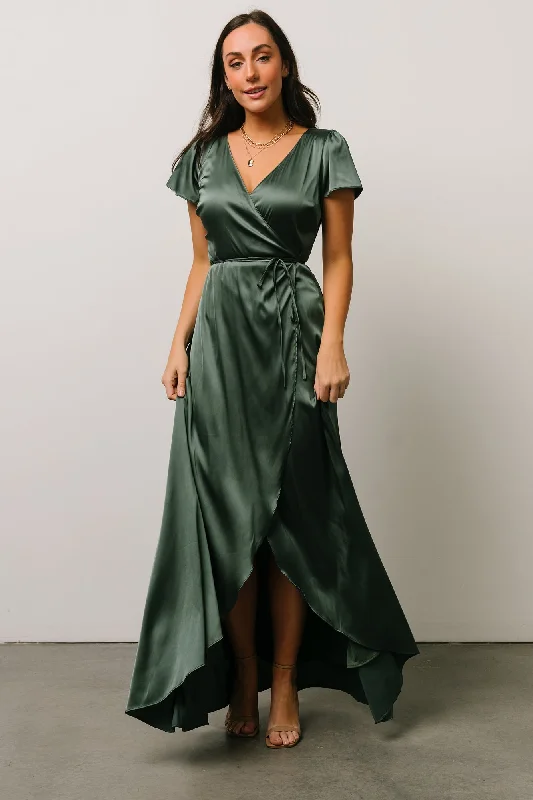 Animal Print Evening Dress-Krystal Satin Wrap Gown | Winter Green