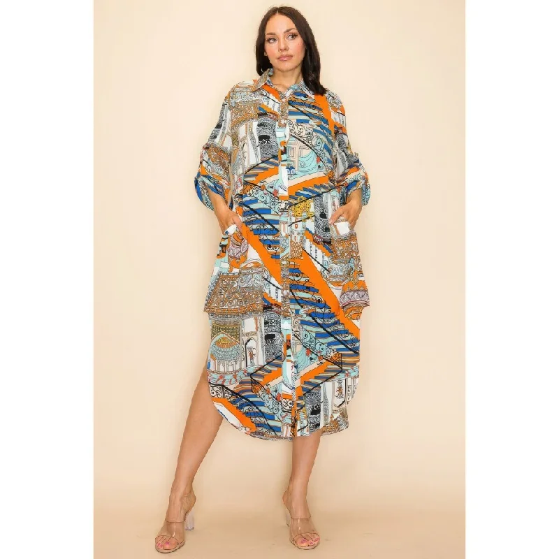 Denim Work Maxi Dresses-Long and Three Quarter Sleeves Multicolor Printed Shirt Dress