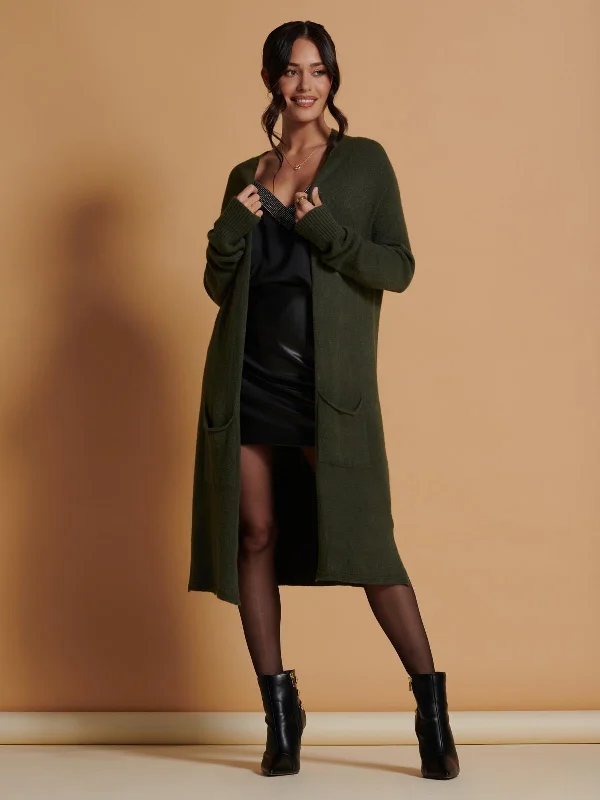 Cotton Club Maxi Dresses-Longline Soft Knitted Cardigan, Soldier Green