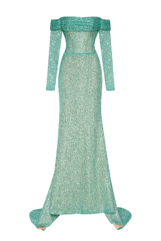 Sequin Club Maxi Dresses-Mint Green Romantic off-the-shoulder sparkling long dress