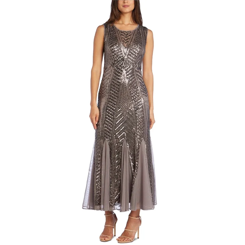 Ruffle Maxi Evening Dress-R & M Richards Womens Godet Sequined Gown Dress, Brown, 8