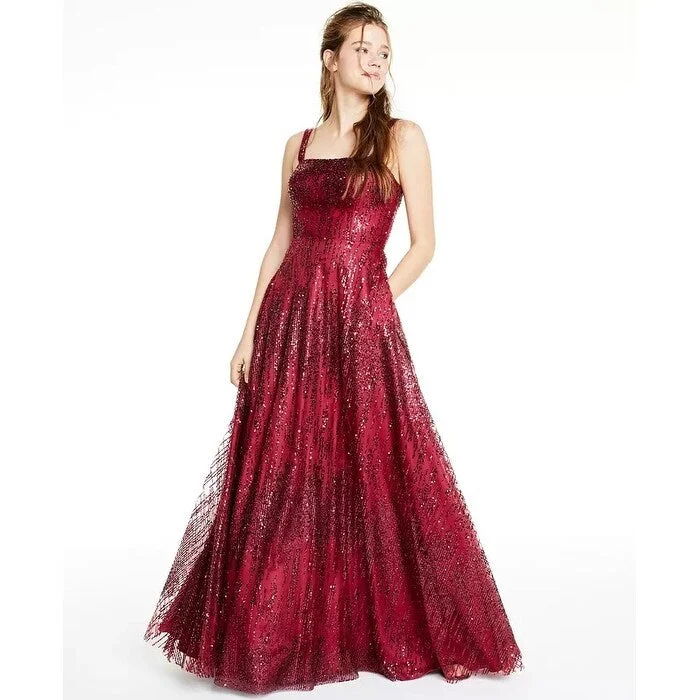 Lace Evening Dress-Say Yes To The Prom Juniors' Glitter Mesh Gown Wine Size 11