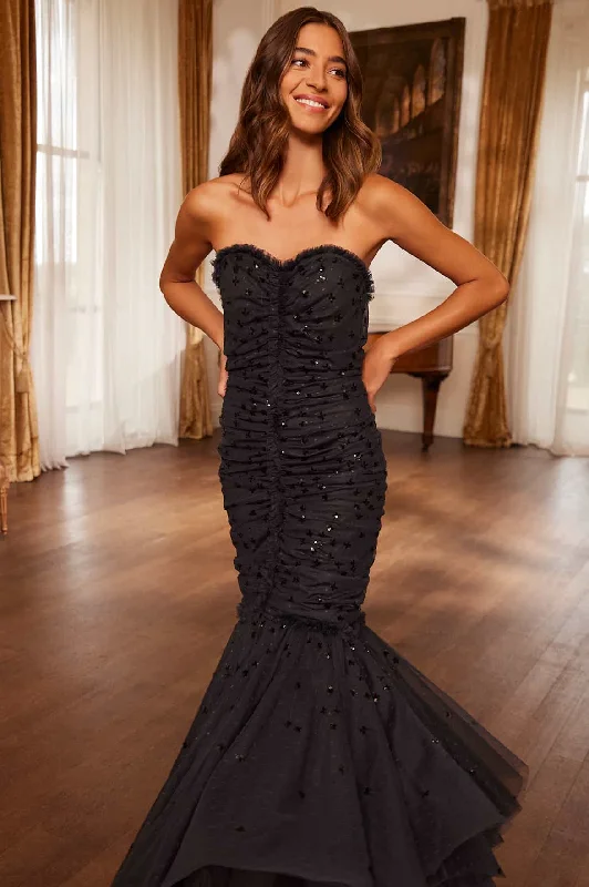 Black Vintage Evening Dress-Scatter Sequin Strapless Ankle Gown