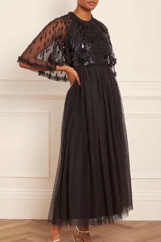 Midi Evening Dress-Sequin Dash Bodice Ankle Gown