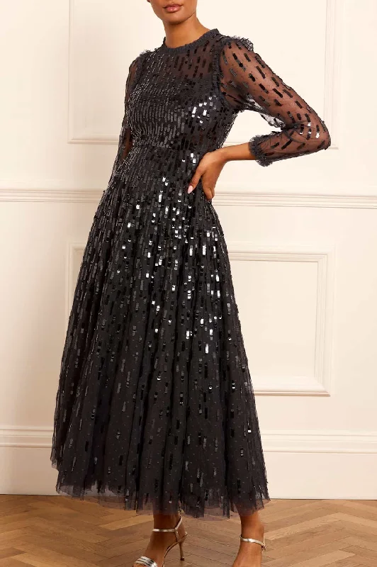 Purple Animal Print Evening Dress-Sequin Dash Long Sleeve Gown