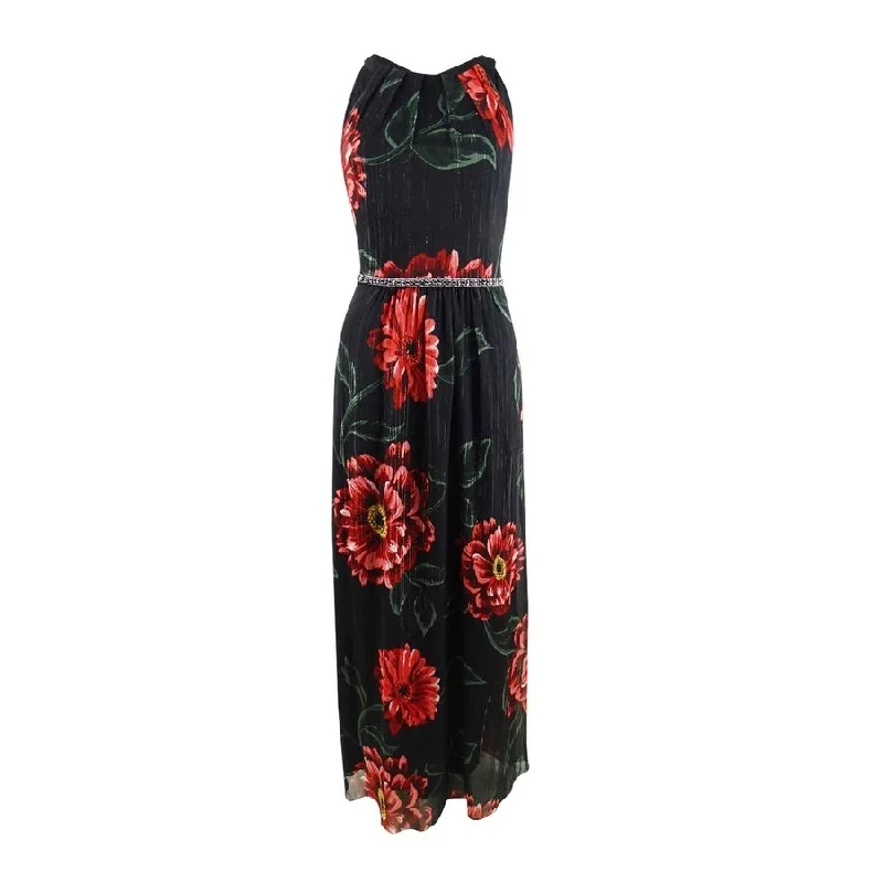 Beaded Ruffle Evening Dress-SL Fashions Women's Embellished Floral-Print Gown