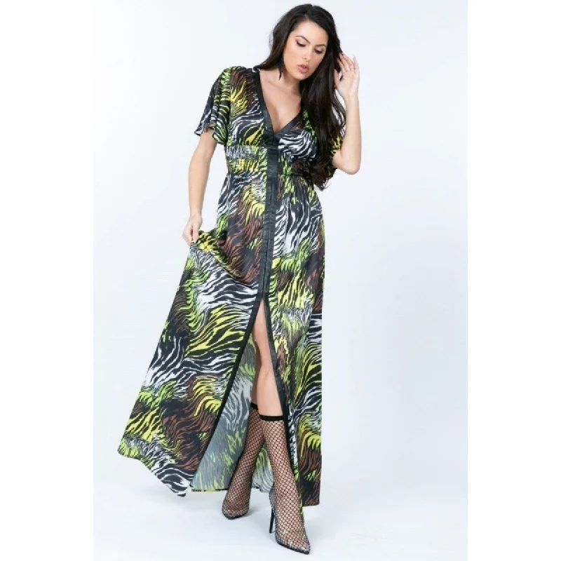 Women Club Maxi Dresses-Stylish Deep V Neck Slit Zebra Print Long Dress – Perfect for Night Outs & Special Events