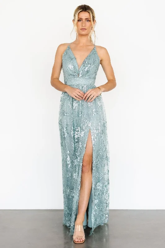 Boho Evening Dress-Tasha Sequin Gown | Sage Blue