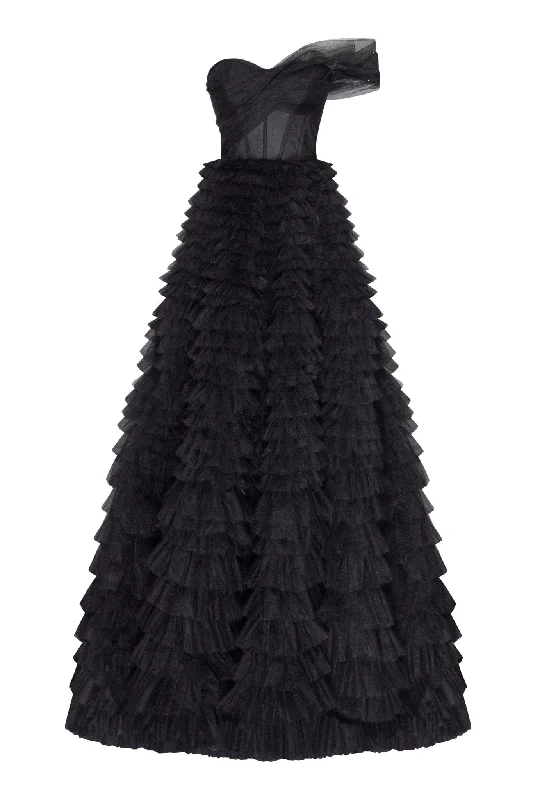 Burgundy Strapless Evening Dress-Timeless one-shoulder frill-layered ball gown in black