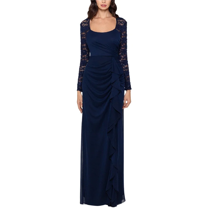 Designer Halter Evening Dress-Xscape Womens Lace-Sleeve Side-Ruching Gown Dress